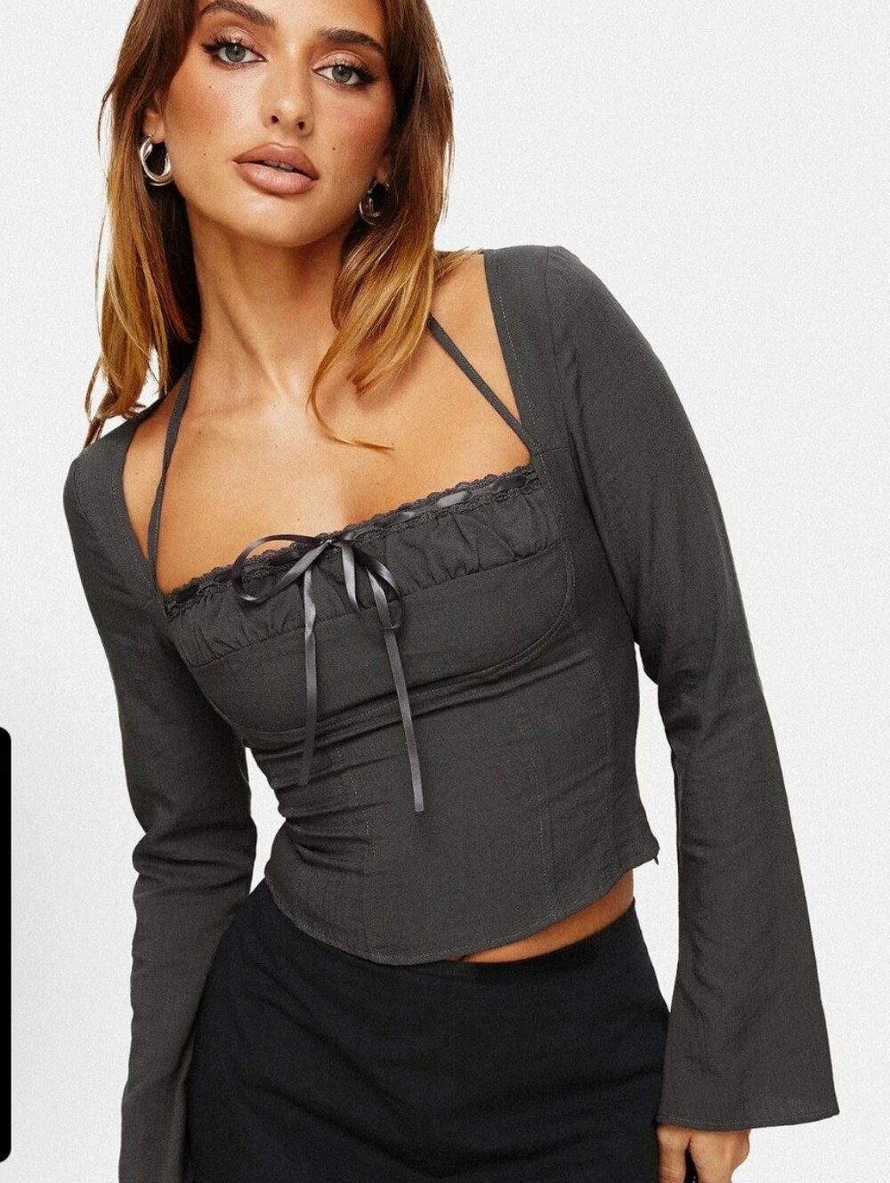 Princess Polly Grey Long Sleeve Halter Top US 10 Bell Sleeve Fairycore